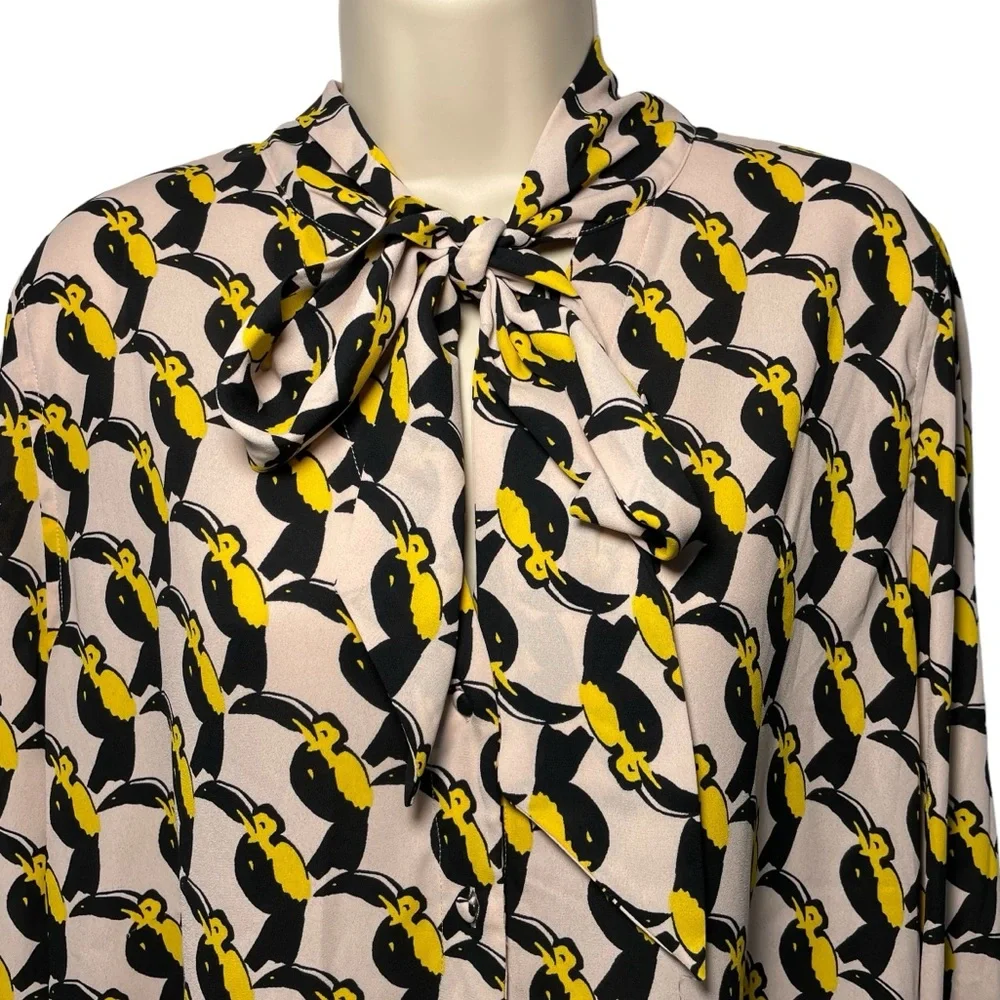 Avec Les Filles pink toucan print blouse neck bow button down sz xl - Picture 2 of 10
